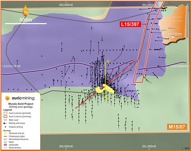 Munda drill hole traces and geology, with location of following cross section – figure current February 2021